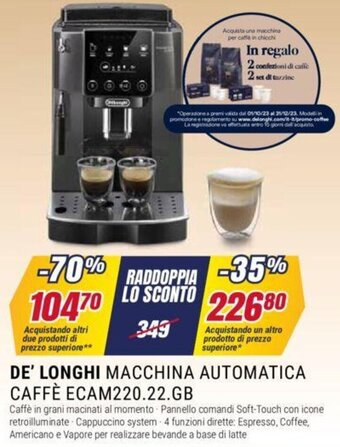 Trony DE' LONGHI MACCHINA AUTOMATICA CAFFÈ ECAM220.22.GB offerta