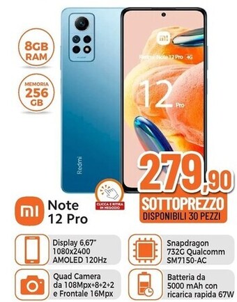 Xiaomi redmi note 12 pro 16,9 cm (6.67) doppia sim android 12 5g usb tipo-c 8 gb 256 gb 5000 mah blu