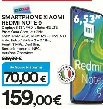 Ipercoop Xiaomi Redmi Note 9 16,6 Cm (6.53") Doppia SIM 4G USB Tipo-C 4 GB 128 GB 5020 MAh Nero offerta