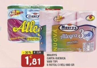 Maury's MAURYS CARTA IGIENICA 6 ROTOLI 3 VELI 660 GR offerta
