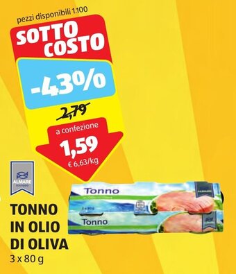 ALDI ALMARE TONNO IN OLIO DI OLIVA 3 x 80 g offerta
