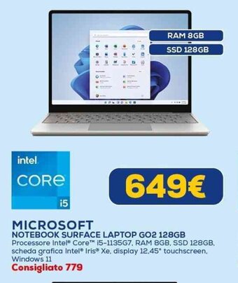 Euronics MICROSOFT NOTEBOOK SURFACE LAPTOP GO2 128GB offerta