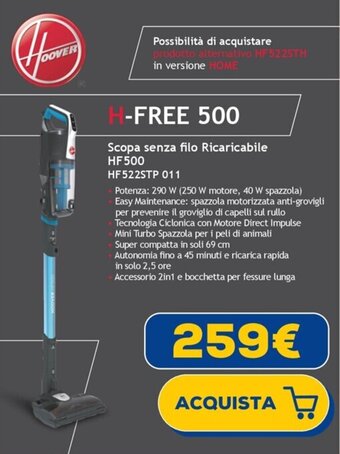 Euronics HOOVER Scopa senza filo Ricaricabile HF500 HF 522STP 011 offerta