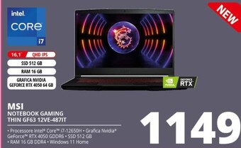 Comet Msi notebook gaming thin gf63 12ve-487it offerta