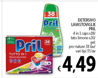 Spazio Conad DETERSIVO LAVASTOVIGLIE PRIL 4 in 1 caps x18/ tabs limone x26/ gel: pro-nature 38 lav offerta
