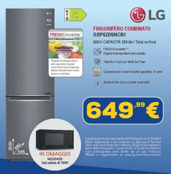 Euronics LG FRIGORIFERO COMBINATO GBP62DSNCN1 offerta