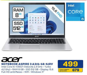 Euronics acer NOTEBOOK ASPIRE 3 A315-58-51RV offerta