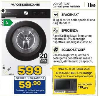 Euronics VAPORE IGIENIZZANTE Lavatrice Con Intelligenza Artificiale 11 KG offerta
