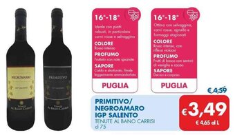 MD Discount PRIMITIVO/ NEGROAMARO IGP SALENTO TENUTE AL BANO CARRISI cl 75 offerta