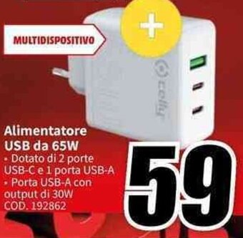MediaWorld celly Alimentatore USB da 65W offerta
