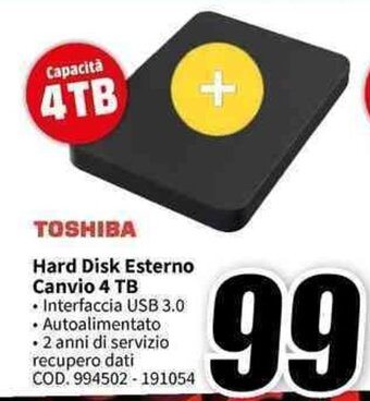 MediaWorld TOSHIBA Hard Disk Esterno Canvio 4 TB offerta