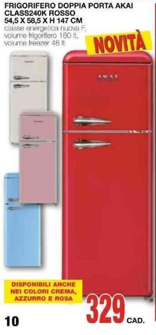 FRIGORIFERO DOPPIA PORTA AKAI CLASS240K ROSSO 54,5 X 58,5 X H 147 CM