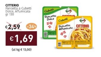 Prezzemolo e Vitale CITTERIO Pancetta a Cubetti Dolce, Affumicata gr 130 offerta