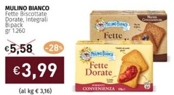 Prezzemolo e Vitale MULINO BIANCO Fette Biscottate Dorate, Integrali Bipack gr 1,260 offerta