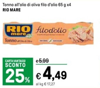 Iper La Grande Tonno all'olio di oliva filo d'olio 65 g x4 RIO MARE offerta