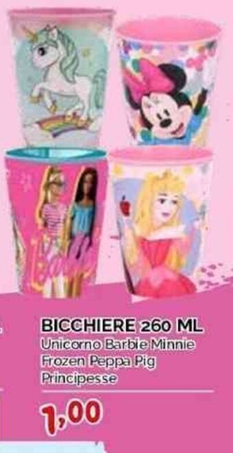 BICCHIERE 260 ML Unicorno Barbie Minnie Frozen Peppa Pig Principesse