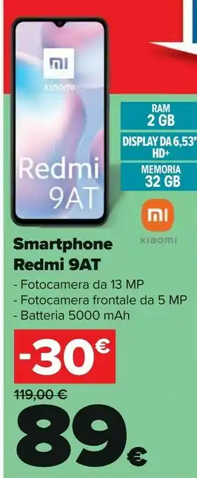 Carrefour Xiaomi TIM Redmi 9AT 16,6 Cm (6.53") 2 GB 32 GB Doppia SIM 4G Micro-USB Grigio Android 10.0 5000 MAh offerta