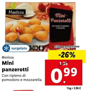 Lidl Monissa Mini Panzerotti Con ripieno di pomodoro e mozzarella 250 g confezione offerta