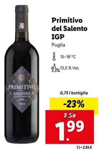 Lidl Primitivo del Salento IGP Puglia 0,75 l bottiglia offerta
