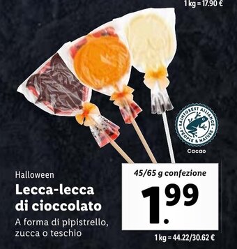 Lidl Halloween Lecca-lecca di cioccolato A forma di pipistrello, zucca o teschio 45/65 g confezione offerta