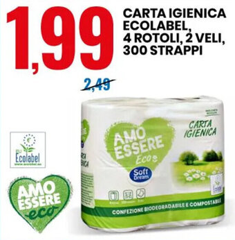 CARTA IGIENICA ECOLABEL, 4 ROTOLI, 2 VELI, 300 STRAPPI