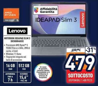 Unieuro Lenovo NOTEBOOK IDEAPAD SLIM 3 (82X0004KIX) offerta