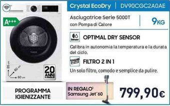 Unieuro Asciugatrice Serie 5000T con Pompa di Calore Crystal EcoDry | DV90CGC2A0AE offerta
