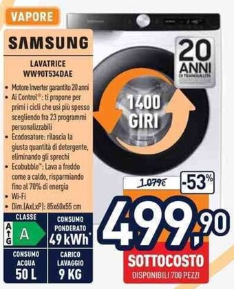 Unieuro SAMSUNG LAVATRICE WW90T534DAE offerta