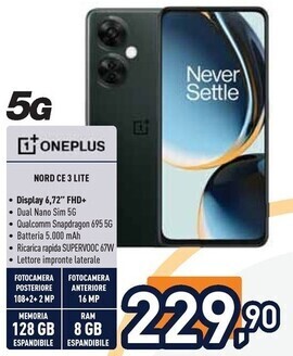 Unieuro Oneplus nord ce 3 lite 5g 17,1 cm (6.72) dual sim ibrida android 13 usb tipo-c 8 gb 128 gb 5000 mah nero offerta