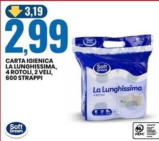 Eurospin Soft dream carta igienica la lunghissima, 4 rotoli, 2 veli, 600 strappi offerta