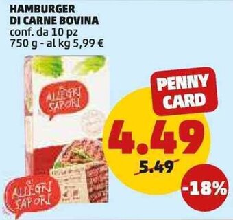 PENNY HAMBURGER DI CARNE BOVINA conf. da 10 pz 750 g offerta