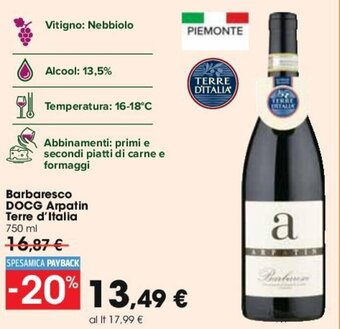 Carrefour Barbaresco DOCG Arpatin Terre d'Italia 750ml offerta