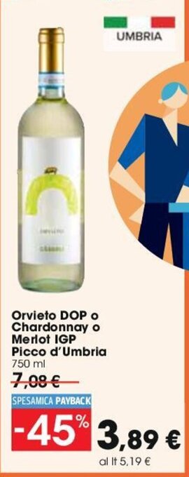 Carrefour Orvieto DOP o Chardonnay o Merlot IGP Picco d'Umbria 750 ml offerta