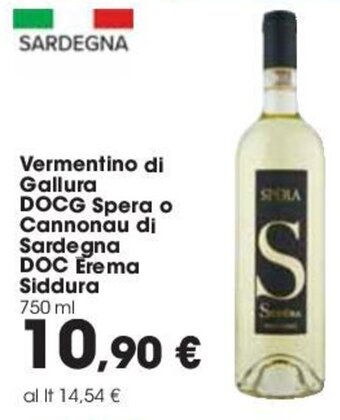 Carrefour Vermentino di Gallura DOCG Spera o Cannonau di Sardegna DOC Erema Siddura 750 ml offerta
