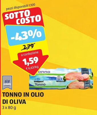 ALDI ALMARE TONNO IN OLIO DI OLIVA 3 x 80 g offerta