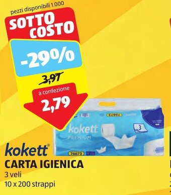 ALDI kokett CARTA IGIENICA 3 veli 10 x 200 strappi offerta