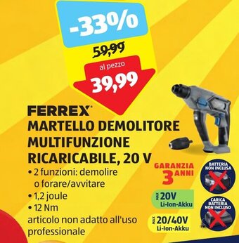 ALDI FERREX MARTELLO DEMOLITORE MULTIFUNZIONE RICARICABILE, 20 V offerta