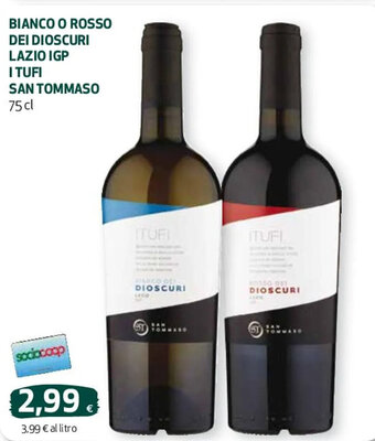 Coop BIANCO O ROSSO DEI DIOSCURI LAZIO IGP I TUFI SAN TOMMASO 75 cl offerta