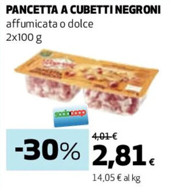 Coop PANCETTA A CUBETTI NEGRONI affumicata o dolce 2x100 g offerta