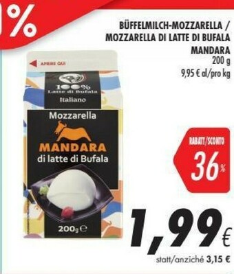 Coop Mandara Mozzarella Di Latte Di Bufala 200 G(ml) offerta