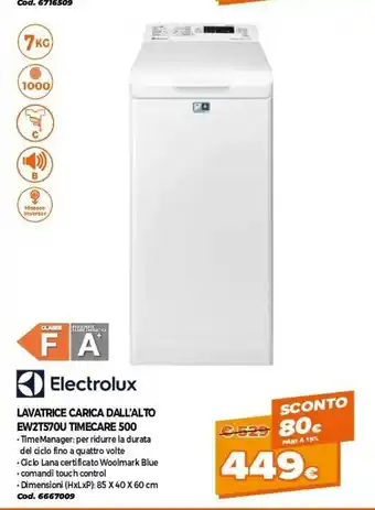 GRANCASA Electrolux EW2T570U Lavatrice Libera Installazione Caricamento Dall'alto Bianco 7 Kg 1000 Giri/min A+++ offerta