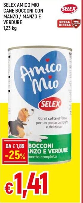 Famila SELEX AMICO MIO CANE BOCCONI CON MANZO / MANZO E VERDURE 1,23 kg offerta