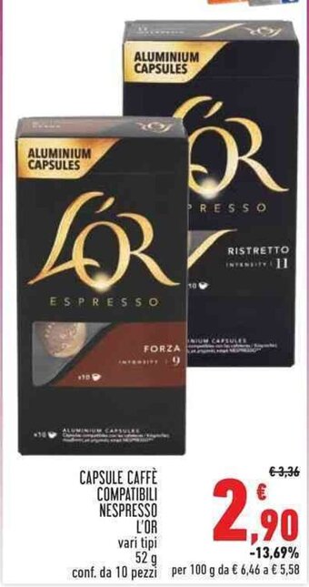 Conad CAPSULE CAFFE COMPATIBILI NESPRESSO L'OR vari tipi 52 g conf. da 10 pezzi per 100 g offerta