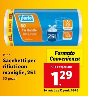 Lidl Purio Sacchetti per rifiuti con maniglie, 25 l 50 pezzi offerta