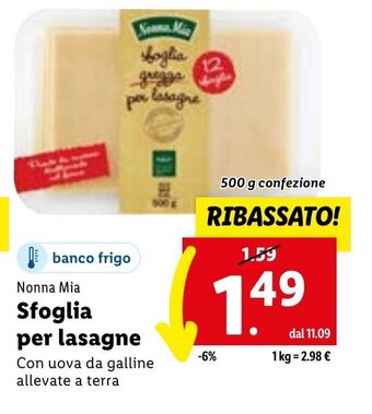 Lidl Nonna Mia Sfoglia per lasagne 500 g confezione offerta