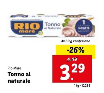 Lidl Rio Mare Tonno al naturale 4x 80 g confezione offerta