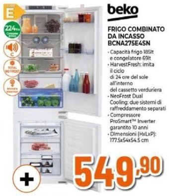 Expert beko FRIGO COMBINATO DA INCASSO BCNA275E4SN offerta