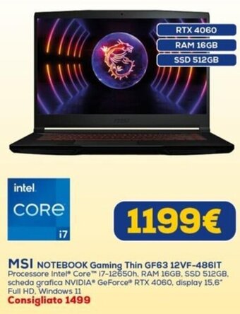 Euronics MSI NOTEBOOK Gaming Thin GF63 12VF-486IT offerta