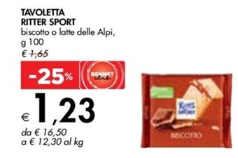Bennet TAVOLETTA RITTER SPORT biscotto o latte delle Alpi, g 100 offerta