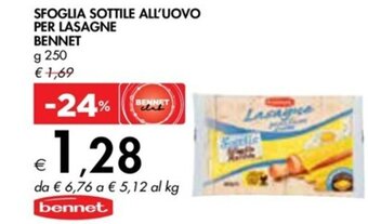 Bennet SFOGLIA SOTTILE ALL'UOVO PER LASAGNE BENNET g 250 offerta